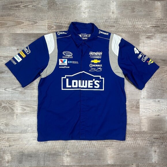NASCAR Jimmie Johnson Lowe’s 48 JH Design Men’s L Cotton Poly White Blue Shirt - Picture 1 of 8